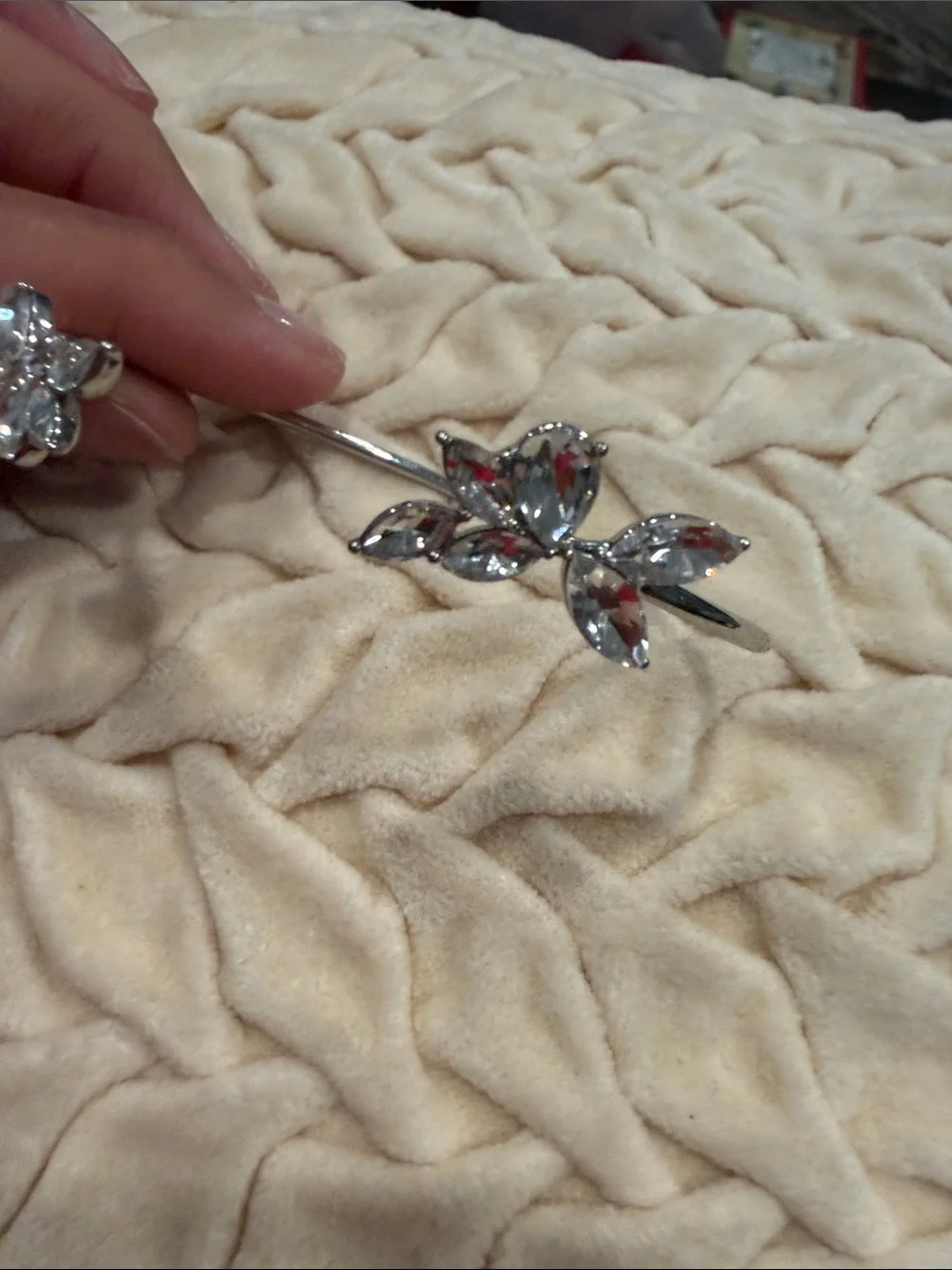 Open Cuff Bracelet with Clear Crystal Flower Accents - Silver Tone